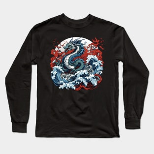 Dragon against the backdrop of a setting sun bathed in ocean waves Long Sleeve T-Shirt